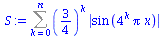 Sum(`*`(`^`(`/`(3, 4), k), `*`(abs(sin(`*`(`^`(4, k), `*`(Pi, `*`(x))))))), k = 0 .. n)