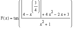 F(x) = tan((abs(4-x^(3/4))+4*x^2-2*x+3)/(x^2+1))