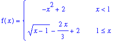 f(x) = PIECEWISE([-x^2+2, x < 1],[(x-1)^(1/2)-2/3*x+2, 1 <= x])