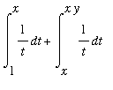 Int(1/t,t = 1 .. x)+Int(1/t,t = x .. x*y)
