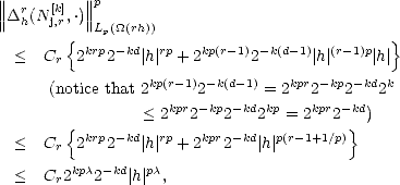 ||||  r  [k] ||||p
||D h(Nj,r,.)||Lp(_O_(rh))
        {                                    }
  <  Cr  2krp2-kd| h|rp + 2kp(r-1)2-k(d-1)| h| (r-1)p|h|
                  kp(r- 1) -k(d- 1)    kpr -kp -kd k
      (notice that 2 kpr 2-kp -kd =kp2  2kpr 2-kd 2
        {        < 2  2   2   2  = 2   2} )
  <  Cr  2krp2-kd| h|rp + 2kpr2-kd| h |p(r-1+1/p)

  <  Cr2kpc2-kd|h| pc,
