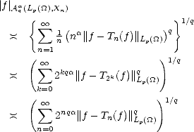 |f |Aaq(Lp(_O_),Xn)
     {  oo  sum    (                ) } 1/q
   )(       1n  na||f- Tn(f)||Lp(_O_) q
       n=1
     (  oo  sum                    )1/q
   )(       2kqa||f - T2k(f )|| qL (_O_)
       k=0               p
     (  oo  sum                    )1/q
   )(       2nqa||f- Tn(f)||q
       n=0              Lp(_O_)
