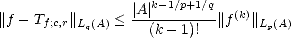                  |A-|k-1/p+1/q-  (k)
||f - Tf;c,r||Lq(A) <   (k- 1)!  ||f  ||Lp(A)
