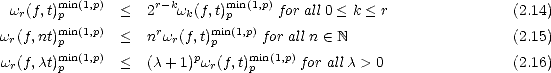         min(1,p)      r- k      min(1,p)
 wr(f,t)p      <   2  wk(f,t)p     for all 0 < k < r            (2.14)
wr(f,nt)mpin(1,p) <   nrwr(f,t)mpin(1,p)for all n  (-  N                 (2.15)
        min(1,p)          p      min(1,p)
wr(f,ct)p      <   (c + 1)wr(f,t)p      for all c > 0              (2.16)
