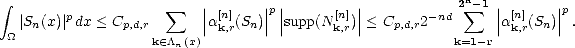  integral                                                         2n-1
   |S  (x)|pdx < C      sum    ||a[n](S )||p||supp(N[n])||< C    2-nd  sum    ||a[n](S  )||p.
 _O_   n          p,d,r       | k,r  n ||      k,r|    p,d,r    k=1- r|k,r  n|
                    k (- /\n(x)  