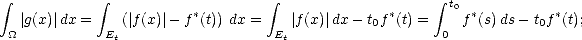  integral            integral                     integral                     integral  t0
   |g(x)| dx =    (|f(x)|- f*(t)) dx =    |f(x)|dx- t0f*(t) =    f*(s)ds- t0f *(t);
 _O_           Et                   Et                   0  