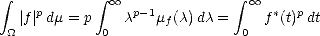  integral    p       integral   oo  p-1          integral   oo  *  p
   |f| dm = p    c   mf(c)dc =    f (t) dt
 _O_           0                 0
     