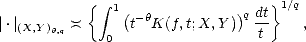            {  integral  1(- h         )q dt} 1/q
|.|(X,Y)h,q  )(    0  t K(f, t;X, Y)   t    ,  