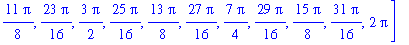 angles := [1/16*Pi, 1/8*Pi, 3/16*Pi, 1/4*Pi, 5/16*Pi, 3/8*Pi, 7/16*Pi, 1/2*Pi, 9/16*Pi, 5/8*Pi, 11/16*Pi, 3/4*Pi, 13/16*Pi, 7/8*Pi, 15/16*Pi, Pi, 17/16*Pi, 9/8*Pi, 19/16*Pi, 5/4*Pi, 21/16*Pi, 11/8*Pi, ...