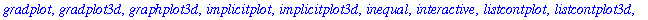 [animate, animate3d, animatecurve, arrow, changecoords, complexplot, complexplot3d, conformal, conformal3d, contourplot, contourplot3d, coordplot, coordplot3d, cylinderplot, densityplot, display, displ...