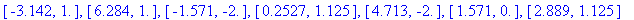 [-3.142, 1.], [6.284, 1.], [-1.571, -2.], [.2527, 1.125], [4.713, -2.], [1.571, 0.], [2.889, 1.125]