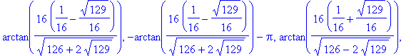arctan(16*(1/16-1/16*129^(1/2))/(126+2*129^(1/2))^(1/2)), -arctan(16*(1/16-1/16*129^(1/2))/(126+2*129^(1/2))^(1/2))-Pi, arctan(16*(1/16+1/16*129^(1/2))/(126-2*129^(1/2))^(1/2)), -arctan(16*(1/16+1/16*1...