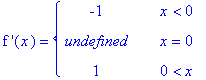 `f '`(x) = PIECEWISE([-1, x < 0],[undefined, x = 0],[1, 0 < x])