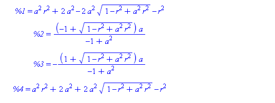 [{y = (-(a^2*r^2+2*a^2-2*a^2*(1-r^2+a^2*r^2)^(1/2)-r^2)/(1-2*a^2+a^4))^(1/2), x = (-1+(1-r^2+a^2*r^2)^(1/2))*a/(-1+a^2)}, {y = -(-(a^2*r^2+2*a^2-2*a^2*(1-r^2+a^2*r^2)^(1/2)-r^2)/(1-2*a^2+a^4))^(1/2), ...
