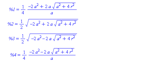 [{x = 1/4*(-2*a^2+2*a*(a^2+4*r^2)^(1/2))/a, y = 1/2*(-2*a^2+2*a*(a^2+4*r^2)^(1/2))^(1/2)}, {x = 1/4*(-2*a^2+2*a*(a^2+4*r^2)^(1/2))/a, y = -1/2*(-2*a^2+2*a*(a^2+4*r^2)^(1/2))^(1/2)}, {y = 1/2*(-2*a^2-2...