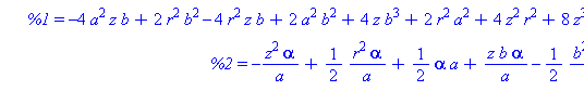 piecewise(0 < x, [1/2*(-4*a^2*z*b+2*r^2*b^2-4*r^2*z*b+2*a^2*b^2+4*z*b^3+2*r^2*a^2+4*z^2*r^2+8*z^3*b-8*z^2*b^2-4*z^4-r^4-a^4-b^4)^(1/2)*alpha/a, -z^2*alpha/a+1/2*r^2*alpha/a+1/2*alpha*a+z*b*alpha/a-1/2...