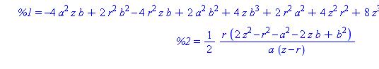 piecewise(0 < x, [-1/2*(-4*a^2*z*b+2*r^2*b^2-4*r^2*z*b+2*a^2*b^2+4*z*b^3+2*r^2*a^2+4*z^2*r^2+8*z^3*b-8*z^2*b^2-4*z^4-r^4-a^4-b^4)^(1/2)*r/(a*(z-r)), 1/2*r*(2*z^2-r^2-a^2-2*z*b+b^2)/(a*(z-r)), 0], x < ...