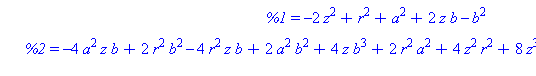 [{y = 1/2*(-2*z^2+r^2+a^2+2*z*b-b^2)/a, z = z, x = 1/2*(-4*a^2*z*b+2*r^2*b^2-4*r^2*z*b+2*a^2*b^2+4*z*b^3+2*r^2*a^2+4*z^2*r^2+8*z^3*b-8*z^2*b^2-4*z^4-r^4-a^4-b^4)^(1/2)/a}, {y = 1/2*(-2*z^2+r^2+a^2+2*z...