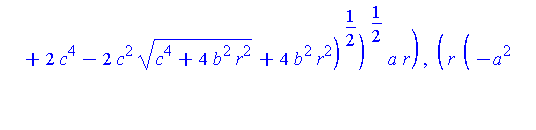 [(-2*a^2+2*c^2-2*(c^4+4*b^2*r^2)^(1/2)+2*(a^4-2*a^2*c^2+2*a^2*(c^4+4*b^2*r^2)^(1/2)+2*c^4-2*c^2*(c^4+4*b^2*r^2)^(1/2)+4*b^2*r^2)^(1/2))^(1/2)*a*r/(-(-2*c^2+2*(c^4+4*b^2*r^2)^(1/2))^(1/2)*c+2*r*b), r*(...