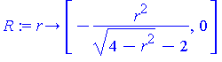 (Typesetting:-mprintslash)([R := proc (r) options operator, arrow; [-r^2/((4-r^2)^(1/2)-2), 0] end proc], [proc (r) options operator, arrow; [-r^2/((4-r^2)^(1/2)-2), 0] end proc])
