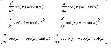 MATRIX([[diff(sin(x),x) = cos(x), diff(cos(x),x) = -sin(x)], [diff(tan(x),x) = sec(x)^2, diff(cot(x),x) = -csc(x)^2], [diff(sec(x),x) = sec(x)*tan(x), diff(csc(x),x) = -csc(x)*cot(x)]])