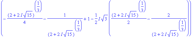 q2 := [{h = (1/2*(2+2*I*15^(1/2))^(1/3)+2/(2+2*I*15^(1/2))^(1/3)+1)*r}, {h = (-1/4*(2+2*I*15^(1/2))^(1/3)-1/((2+2*I*15^(1/2))^(1/3))+1+1/2*I*3^(1/2)*(1/2*(2+2*I*15^(1/2))^(1/3)-2/(2+2*I*15^(1/2))^(1/3)...