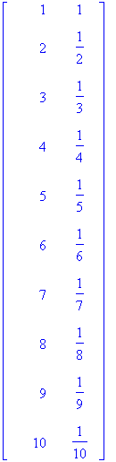matrix([[1, 1], [2, 1/2], [3, 1/3], [4, 1/4], [5, 1/5], [6, 1/6], [7, 1/7], [8, 1/8], [9, 1/9], [10, 1/10]])