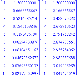 matrix([[1., 1.500000000], [2., .6666666667], [3., .3214285714], [4., .1846153846], [5., .1190476190], [6., .8294930876e-1], [7., .6104651163e-1], [8., .4678362573e-1], [9., .3698630137e-1], [10., .299...