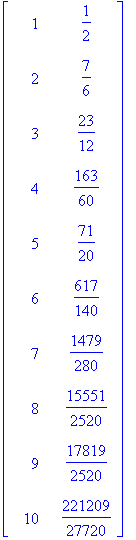 matrix([[1, 1/2], [2, 7/6], [3, 23/12], [4, 163/60], [5, 71/20], [6, 617/140], [7, 1479/280], [8, 15551/2520], [9, 17819/2520], [10, 221209/27720]])
