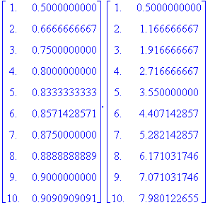 matrix([[1., .5000000000], [2., .6666666667], [3., .7500000000], [4., .8000000000], [5., .8333333333], [6., .8571428571], [7., .8750000000], [8., .8888888889], [9., .9000000000], [10., .9090909091]]), ...