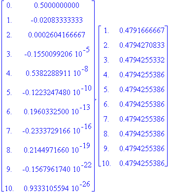 matrix([[0., .5000000000], [1., -.2083333333e-1], [2., .2604166667e-3], [3., -.1550099206e-5], [4., .5382288911e-8], [5., -.1223247480e-10], [6., .1960332500e-13], [7., -.2333729166e-16], [8., .2144971...