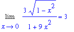 Limit(3/(1+9*x^2)*(1-x^2)^(1/2),x = 0) = 3