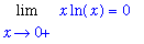 Limit(x*ln(x),x = 0,right) = 0